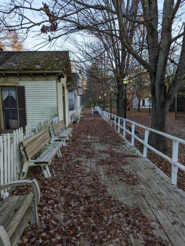 leaf covered boardwalk with old buildings on the left